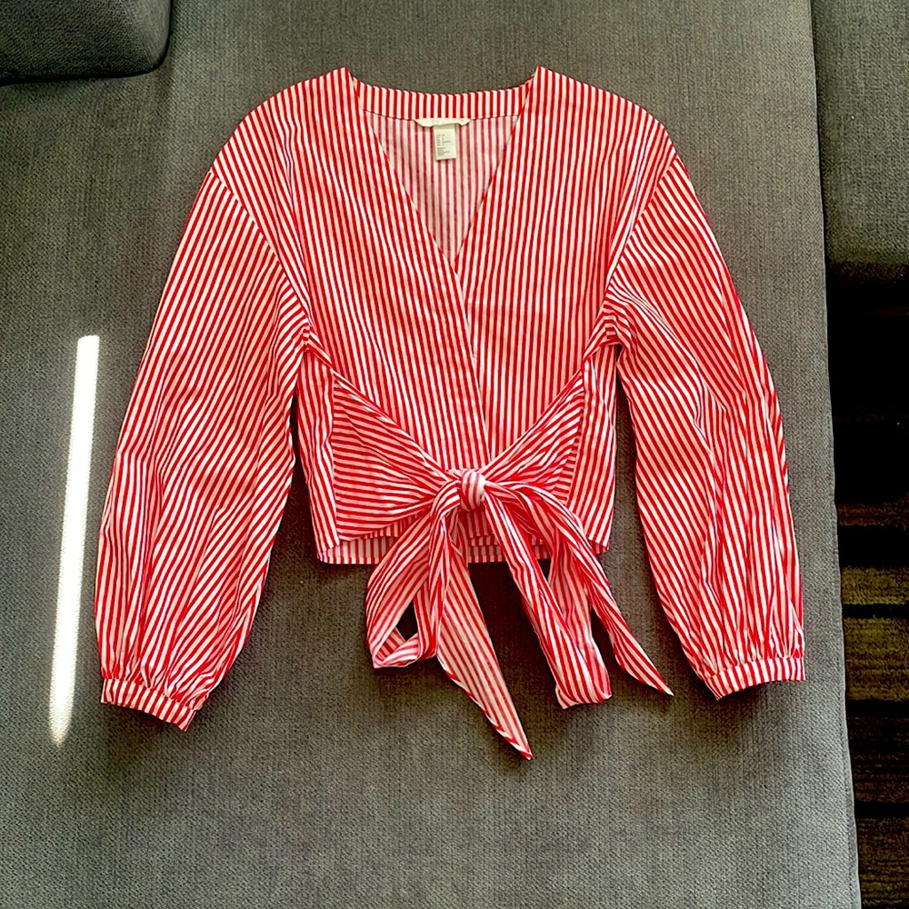 H&M red and white striped wrap top